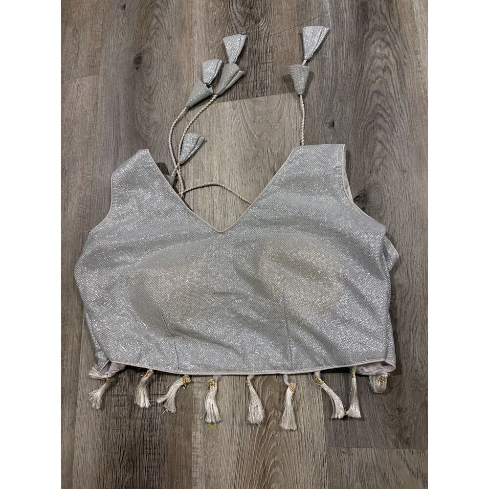 Indian Silver Metallic Blouse with Tassel Detail Women's Size M Ethnic Wear
